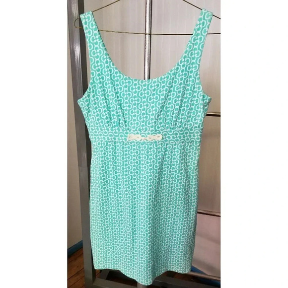 Skirtin Around Knit Dress Front Turquoise White Quatrefoil Print Sz 10 MSRP $176 - Picture 1 of 4